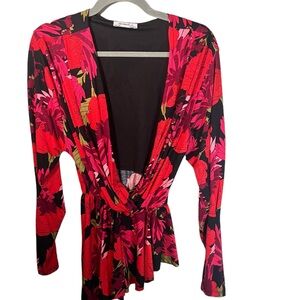 Zara Trafaluc Red and Pink Floral Long Sleeve Asymmetrical Peplum Top Colorful